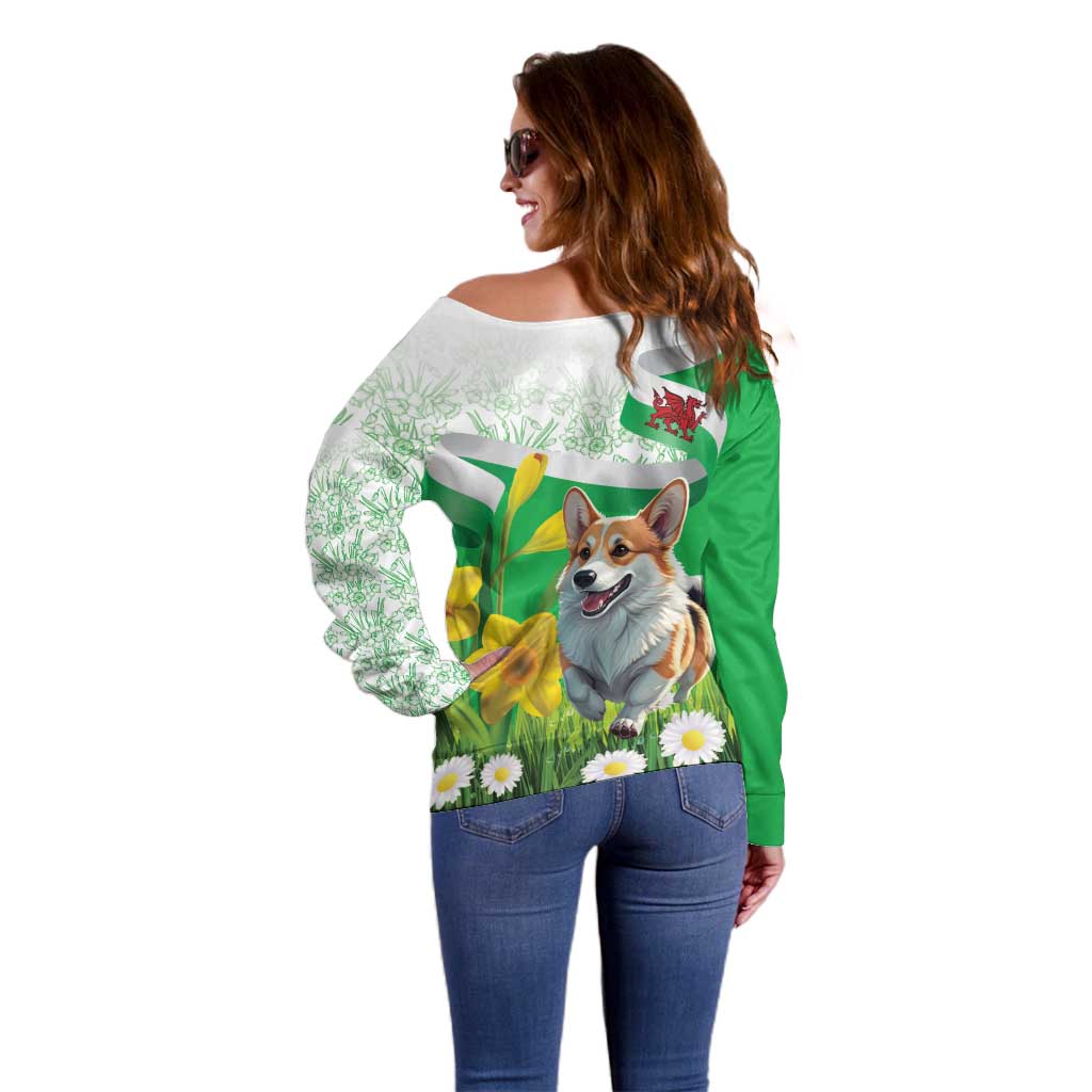 Wales Corgi Daffodil Off Shoulder Sweater Playful Welsh Dog - Wonder Print Shop