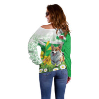 Wales Corgi Daffodil Off Shoulder Sweater Playful Welsh Dog - Wonder Print Shop