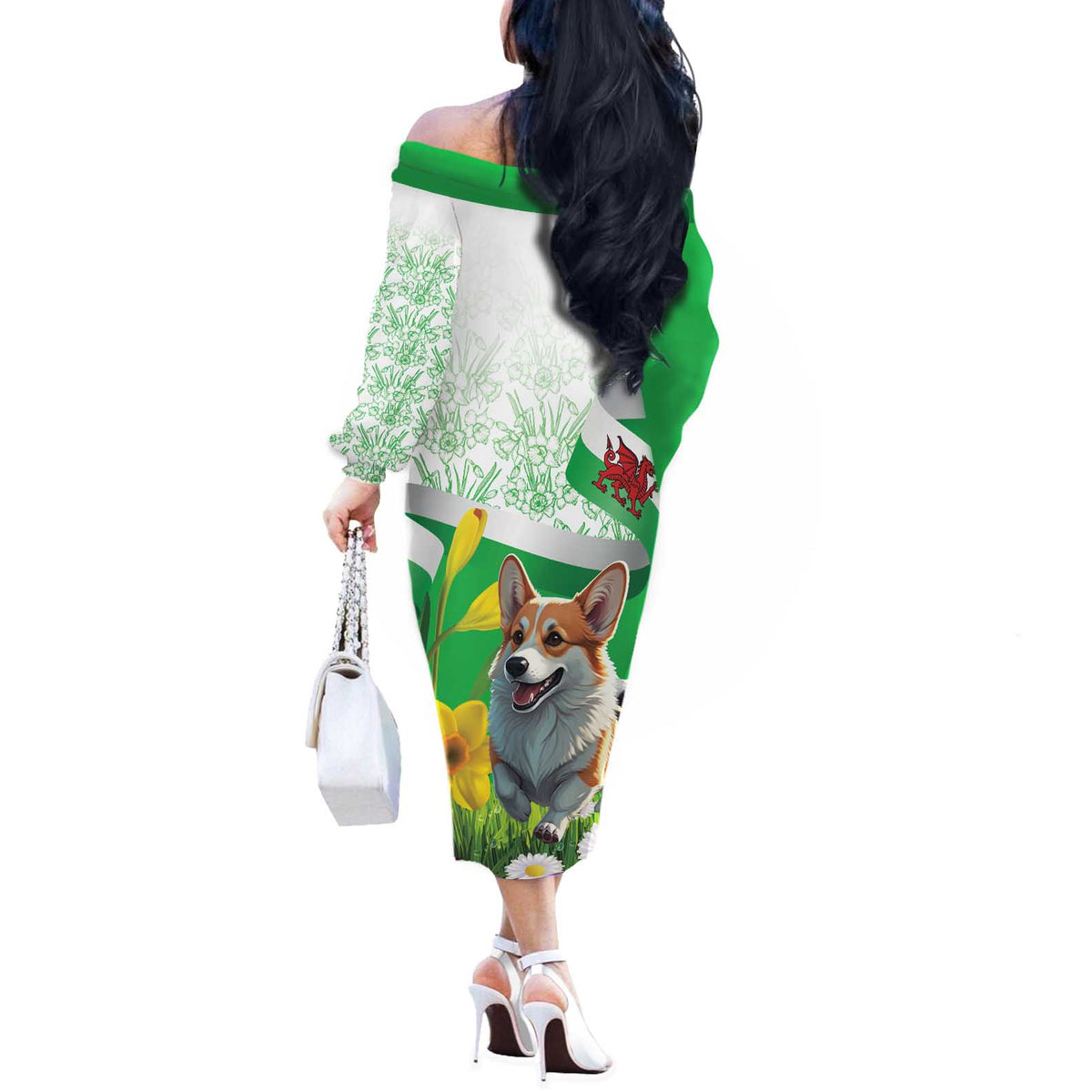 Wales Corgi Daffodil Off The Shoulder Long Sleeve Dress Playful Welsh Dog - Wonder Print Shop