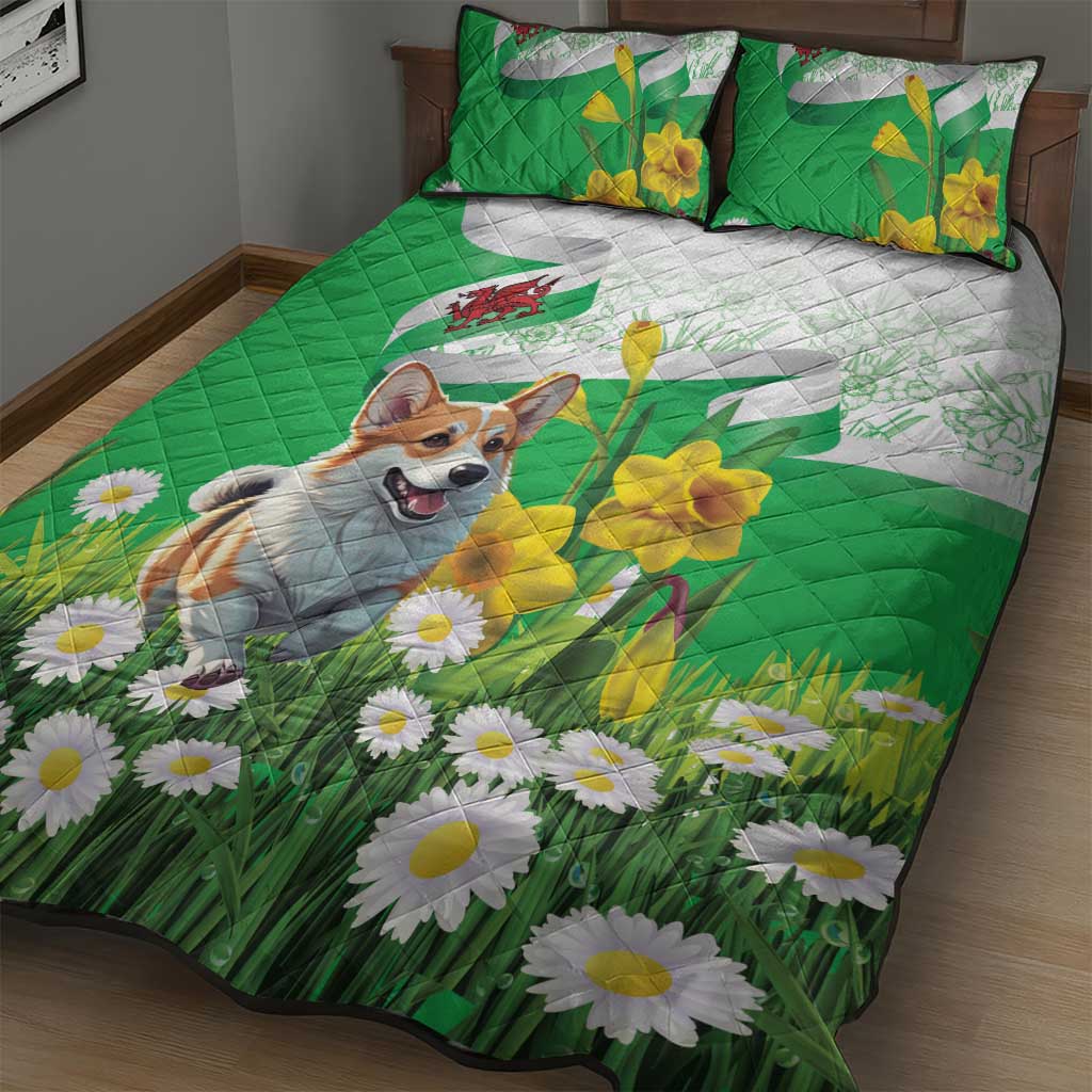 Wales Corgi Daffodil Quilt Bed Set Playful Welsh Dog - Wonder Print Shop