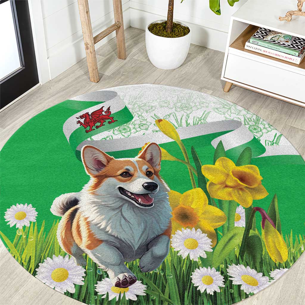Wales Corgi Daffodil Round Carpet Playful Welsh Dog - Wonder Print Shop