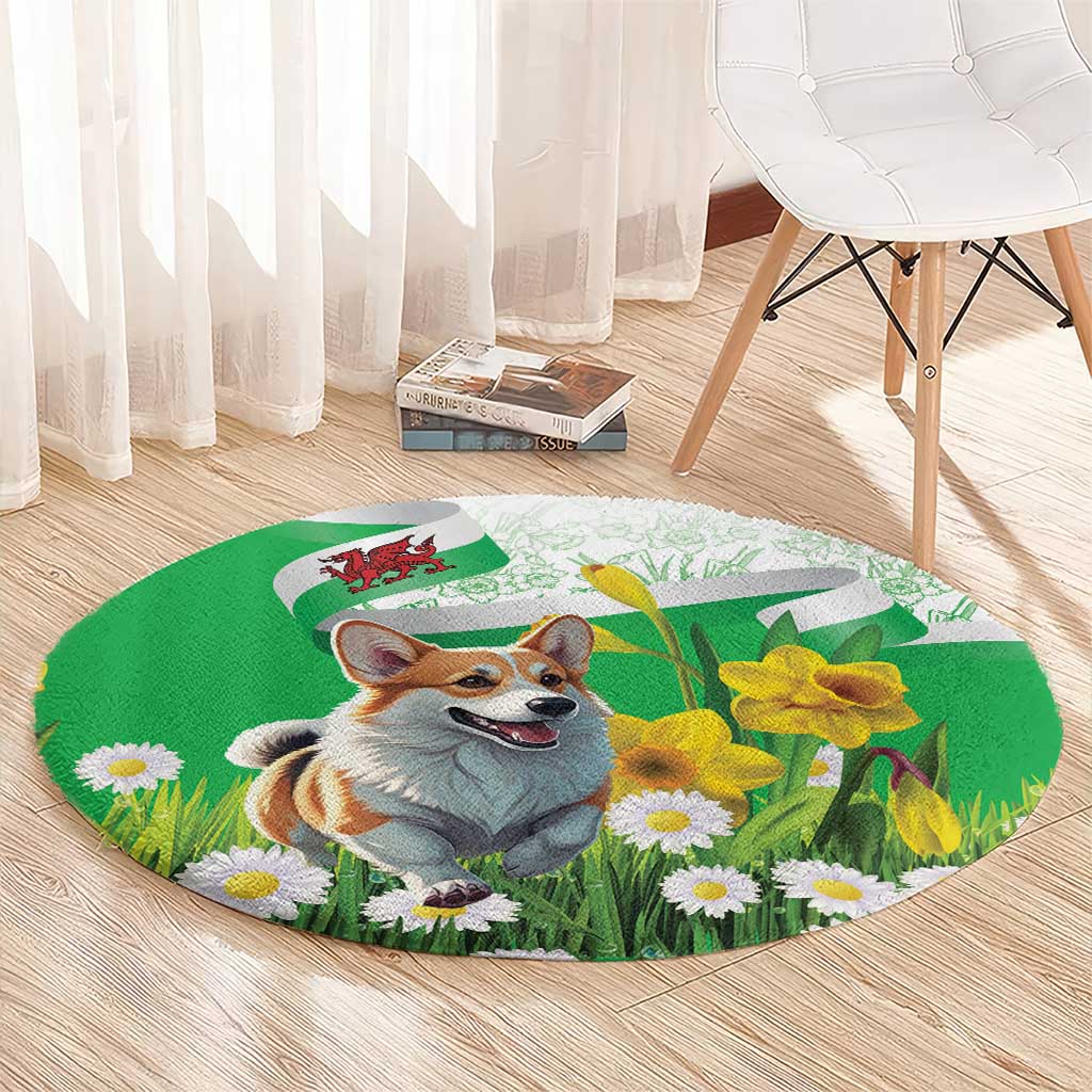 Wales Corgi Daffodil Round Carpet Playful Welsh Dog - Wonder Print Shop