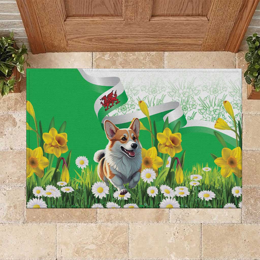 Wales Corgi Daffodil Rubber Doormat Playful Welsh Dog - Wonder Print Shop