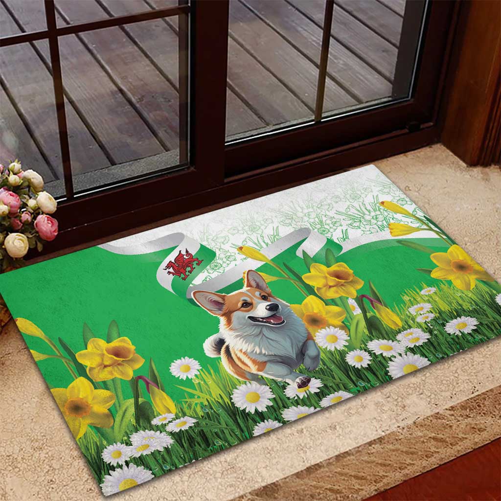 Wales Corgi Daffodil Rubber Doormat Playful Welsh Dog - Wonder Print Shop