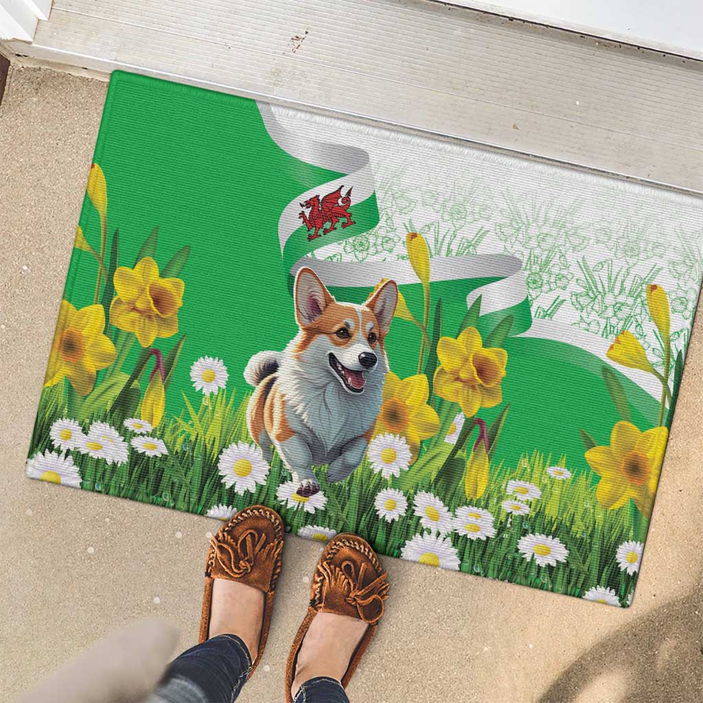 Wales Corgi Daffodil Rubber Doormat Playful Welsh Dog - Wonder Print Shop