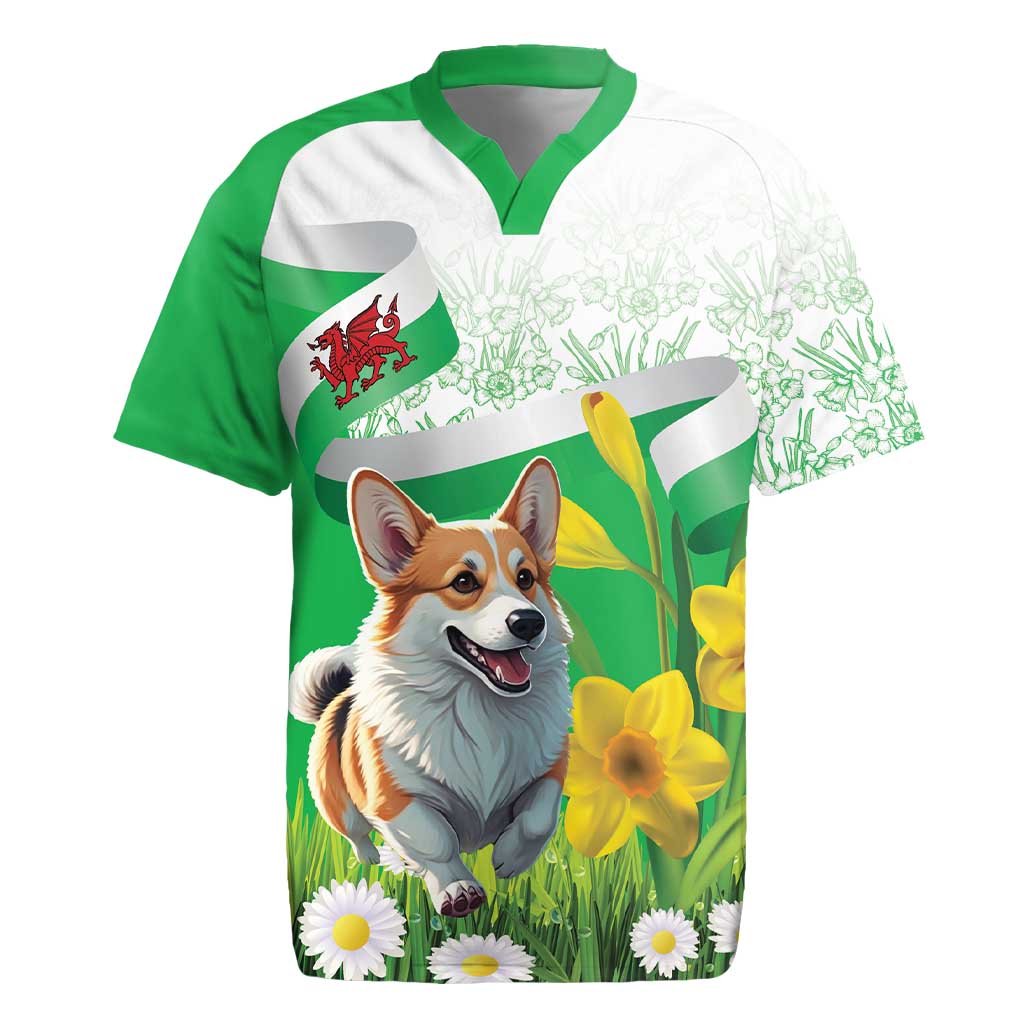 Wales Corgi Daffodil Rugby Jersey Playful Welsh Dog - Wonder Print Shop