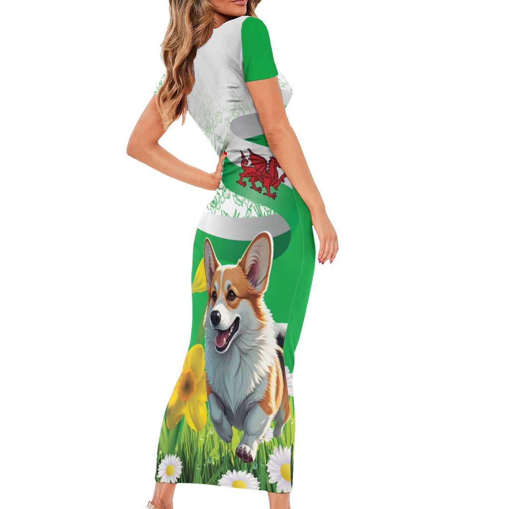 Wales Corgi Daffodil Short Sleeve Bodycon Dress Playful Welsh Dog - Wonder Print Shop