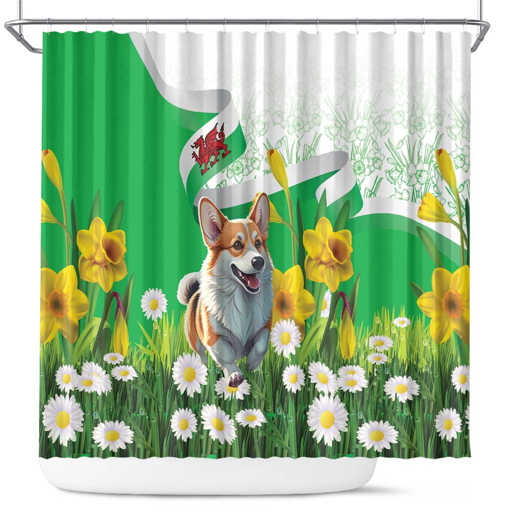 Wales Corgi Daffodil Shower Curtain Playful Welsh Dog - Wonder Print Shop
