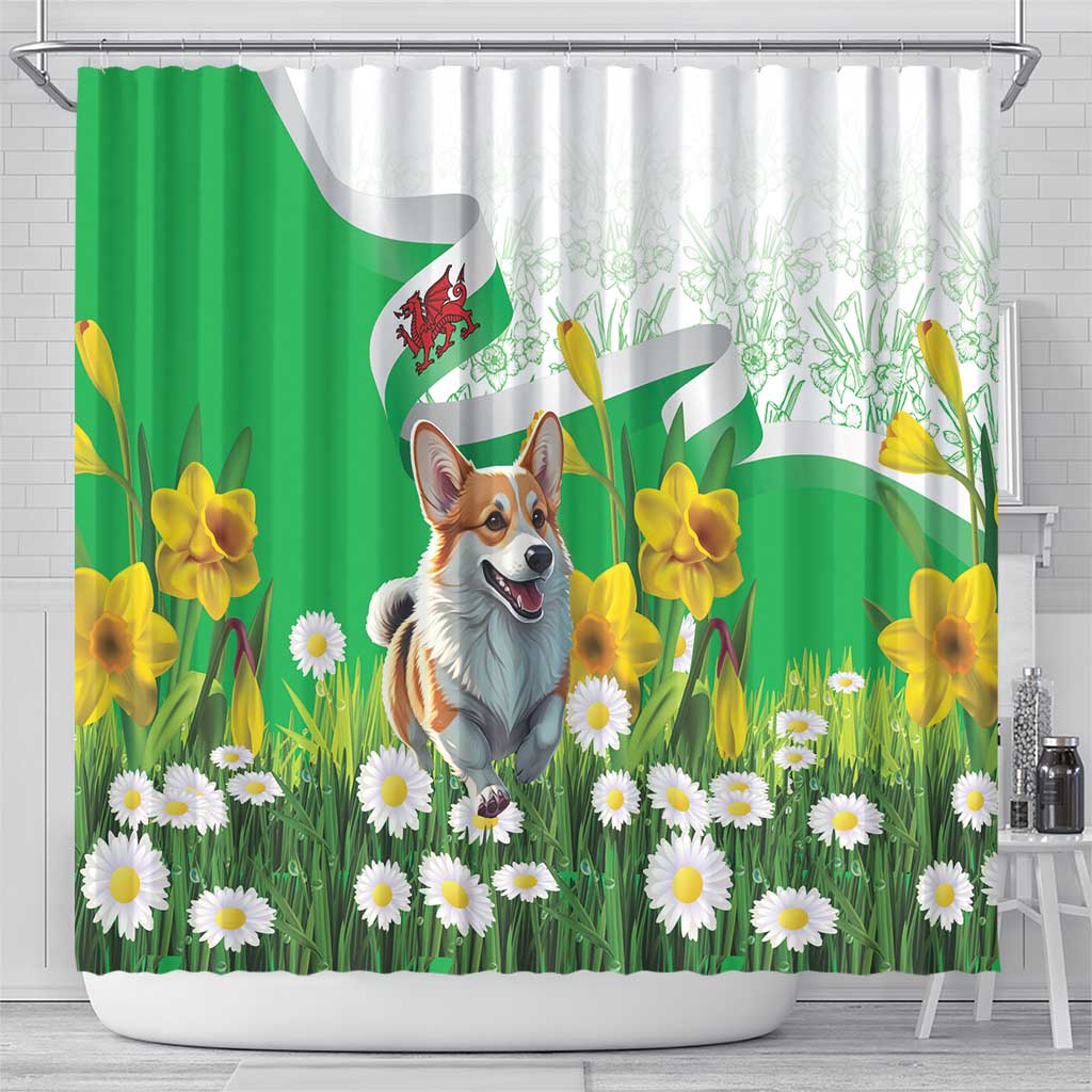 Wales Corgi Daffodil Shower Curtain Playful Welsh Dog - Wonder Print Shop