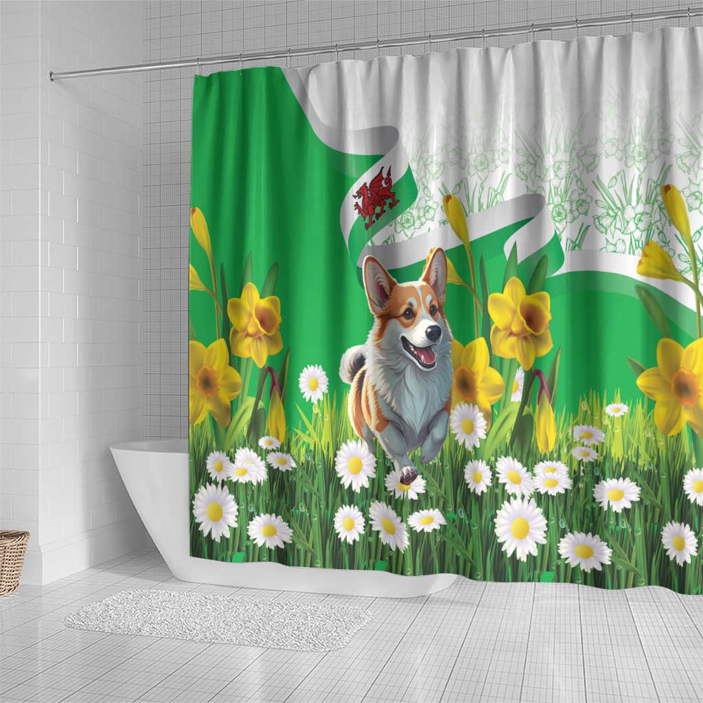 Wales Corgi Daffodil Shower Curtain Playful Welsh Dog - Wonder Print Shop