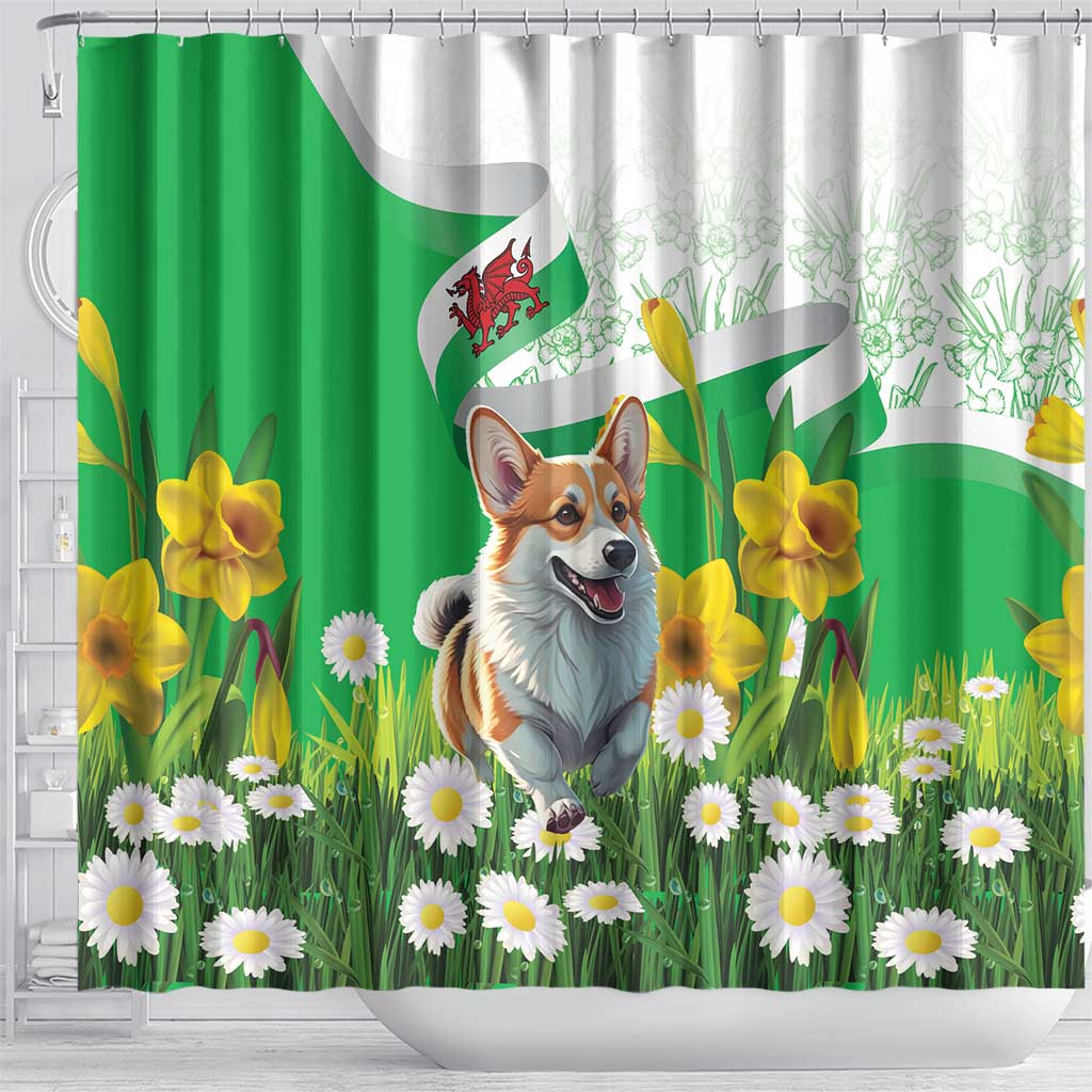 Wales Corgi Daffodil Shower Curtain Playful Welsh Dog - Wonder Print Shop
