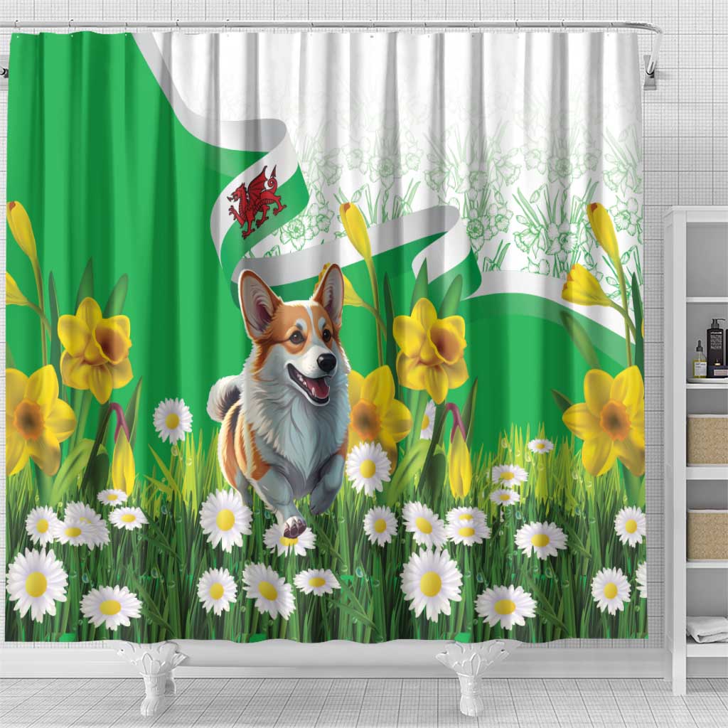 Wales Corgi Daffodil Shower Curtain Playful Welsh Dog - Wonder Print Shop