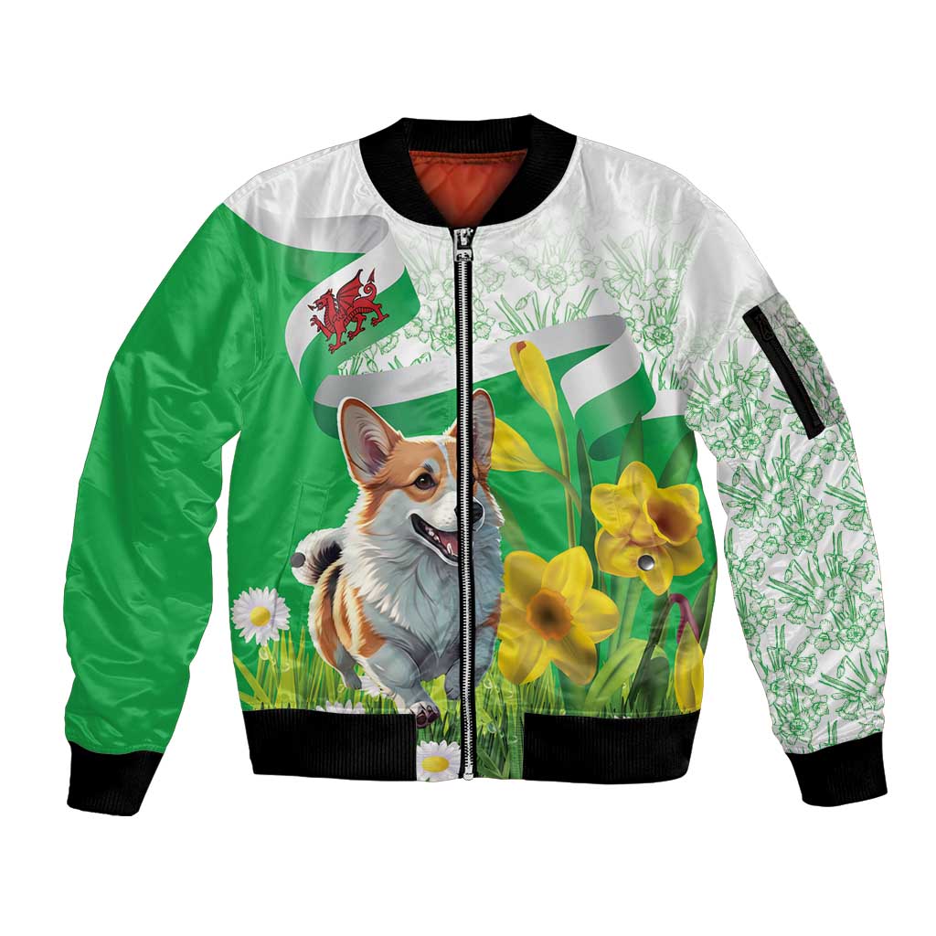 Wales Corgi Daffodil Sleeve Zip Bomber Jacket Playful Welsh Dog - Wonder Print Shop