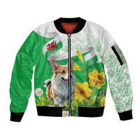 Wales Corgi Daffodil Sleeve Zip Bomber Jacket Playful Welsh Dog - Wonder Print Shop