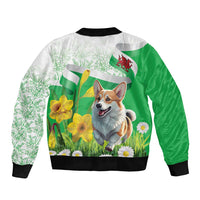 Wales Corgi Daffodil Sleeve Zip Bomber Jacket Playful Welsh Dog - Wonder Print Shop