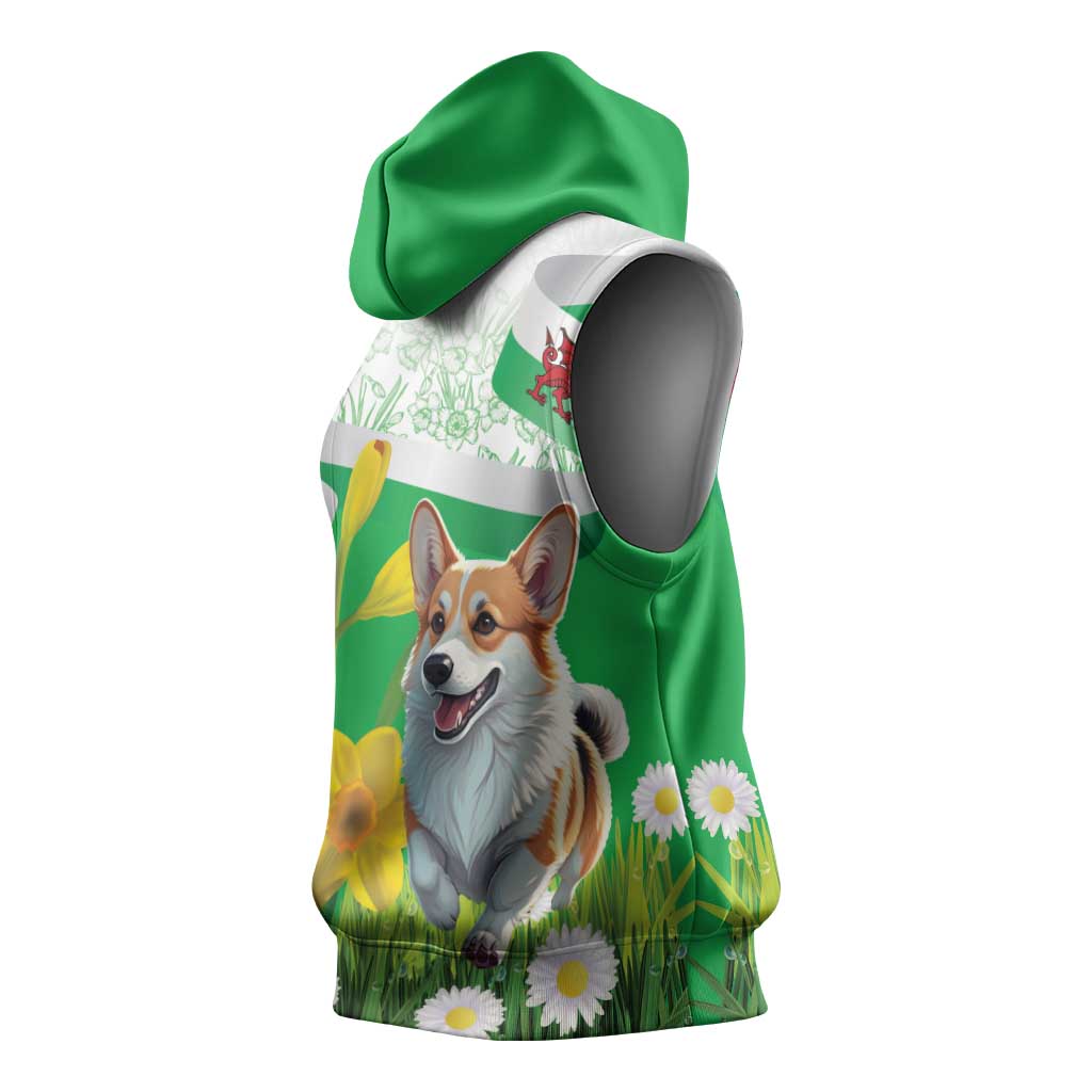 Wales Corgi Daffodil Sleeveless Hoodie Playful Welsh Dog - Wonder Print Shop