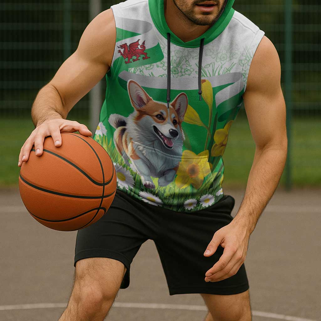 Wales Corgi Daffodil Sleeveless Hoodie Playful Welsh Dog - Wonder Print Shop