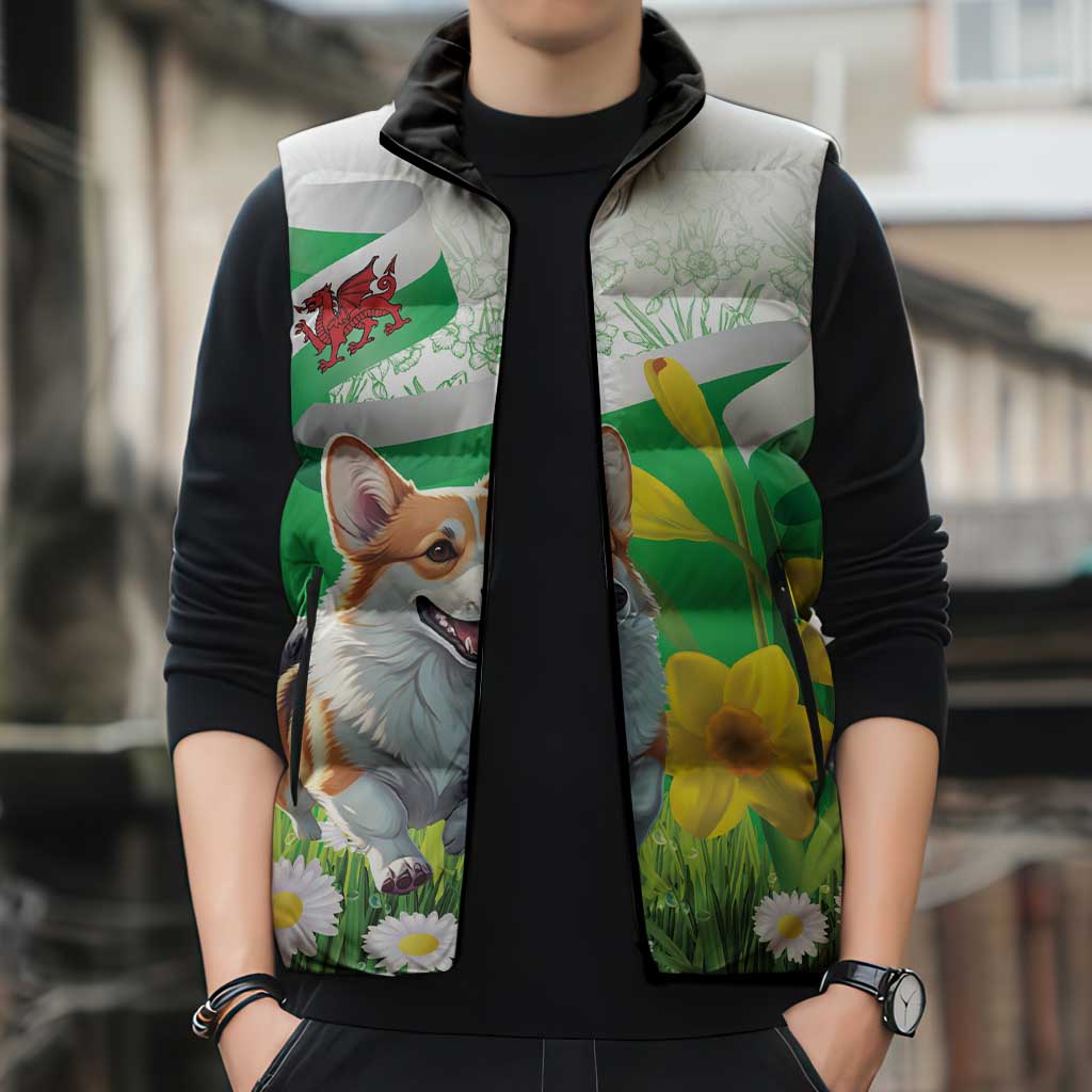 Wales Corgi Daffodil Sleeveless Puffer Jacket Playful Welsh Dog - Wonder Print Shop