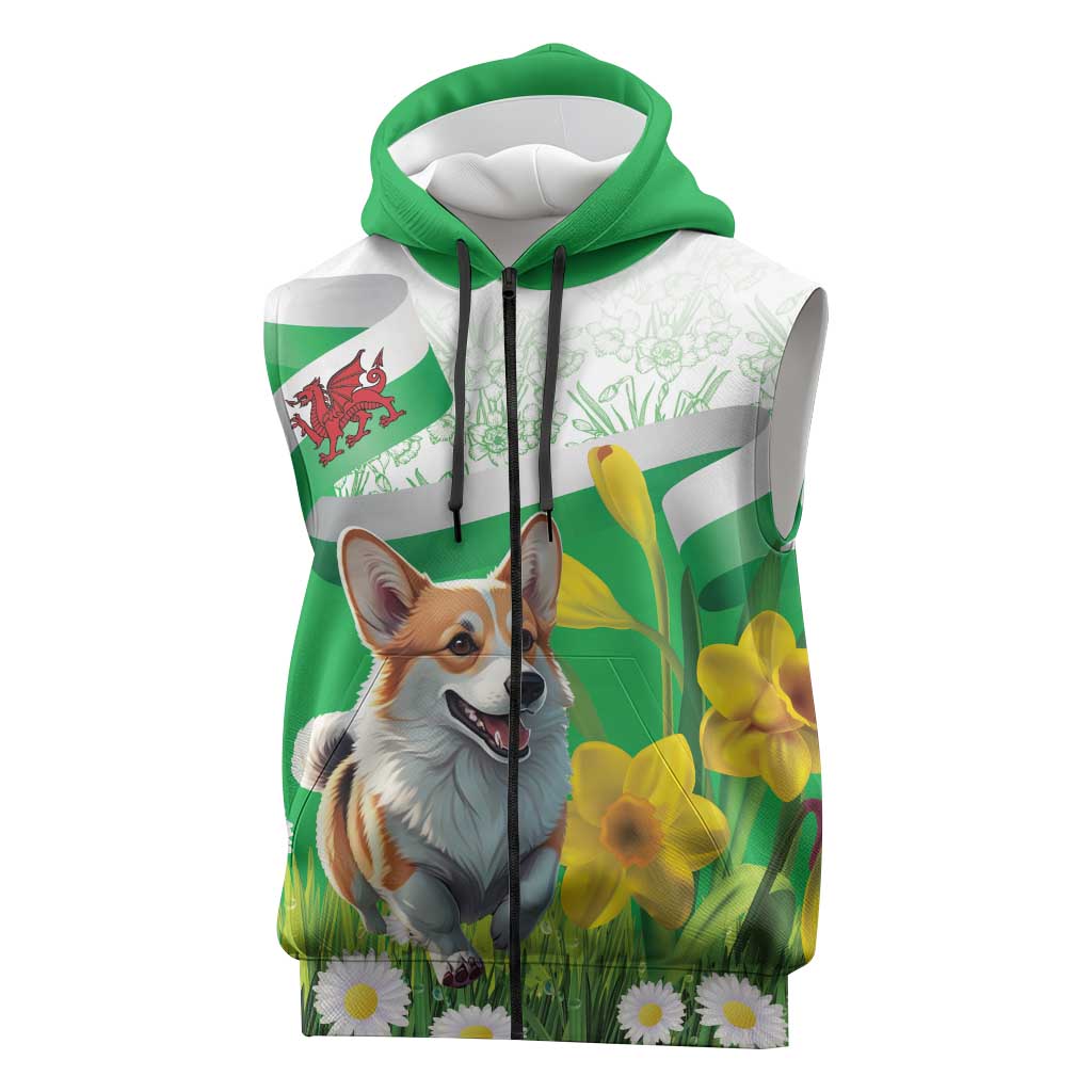 Wales Corgi Daffodil Sleeveless Zip Hoodie Playful Welsh Dog - Wonder Print Shop