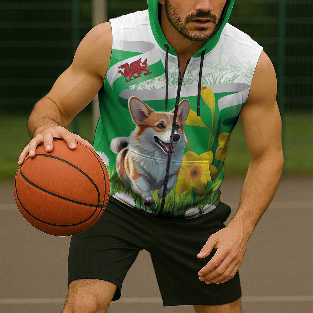 Wales Corgi Daffodil Sleeveless Zip Hoodie Playful Welsh Dog - Wonder Print Shop