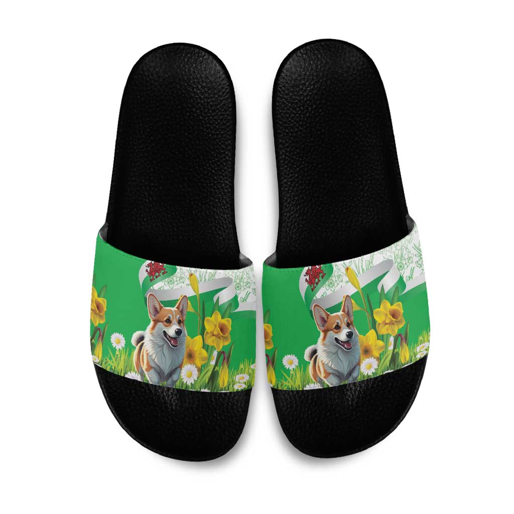 Wales Corgi Daffodil Slide Sandals Playful Welsh Dog - Wonder Print Shop