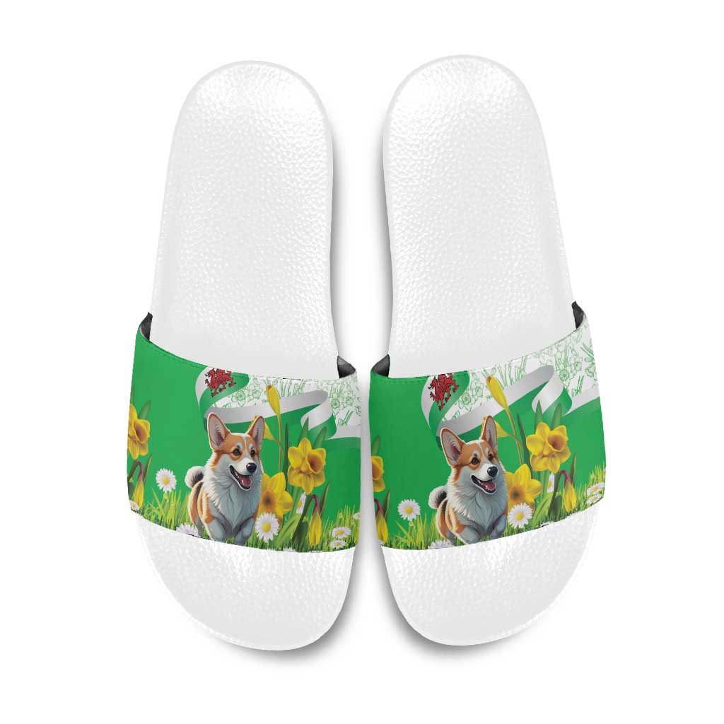 Wales Corgi Daffodil Slide Sandals Playful Welsh Dog - Wonder Print Shop