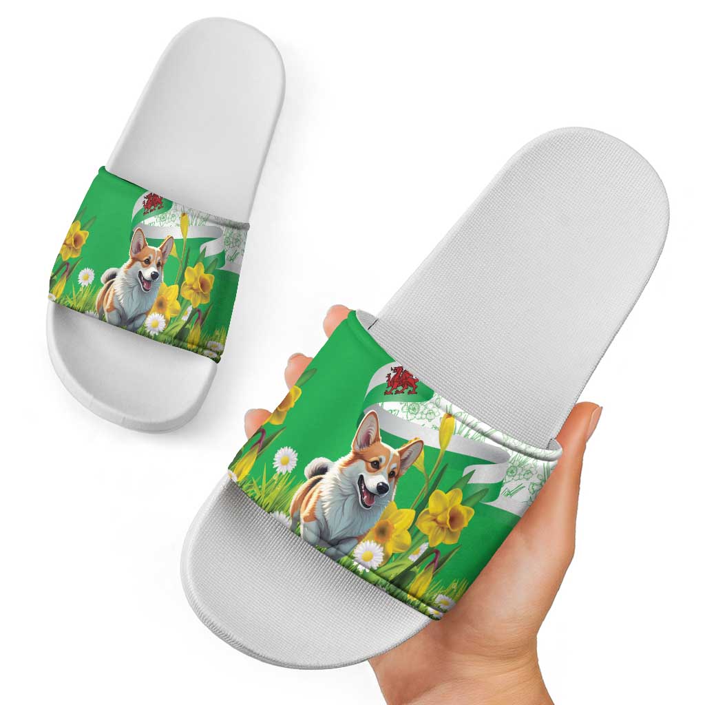 Wales Corgi Daffodil Slide Sandals Playful Welsh Dog - Wonder Print Shop