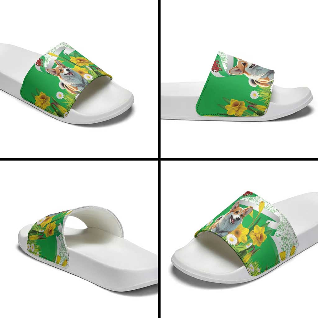 Wales Corgi Daffodil Slide Sandals Playful Welsh Dog - Wonder Print Shop
