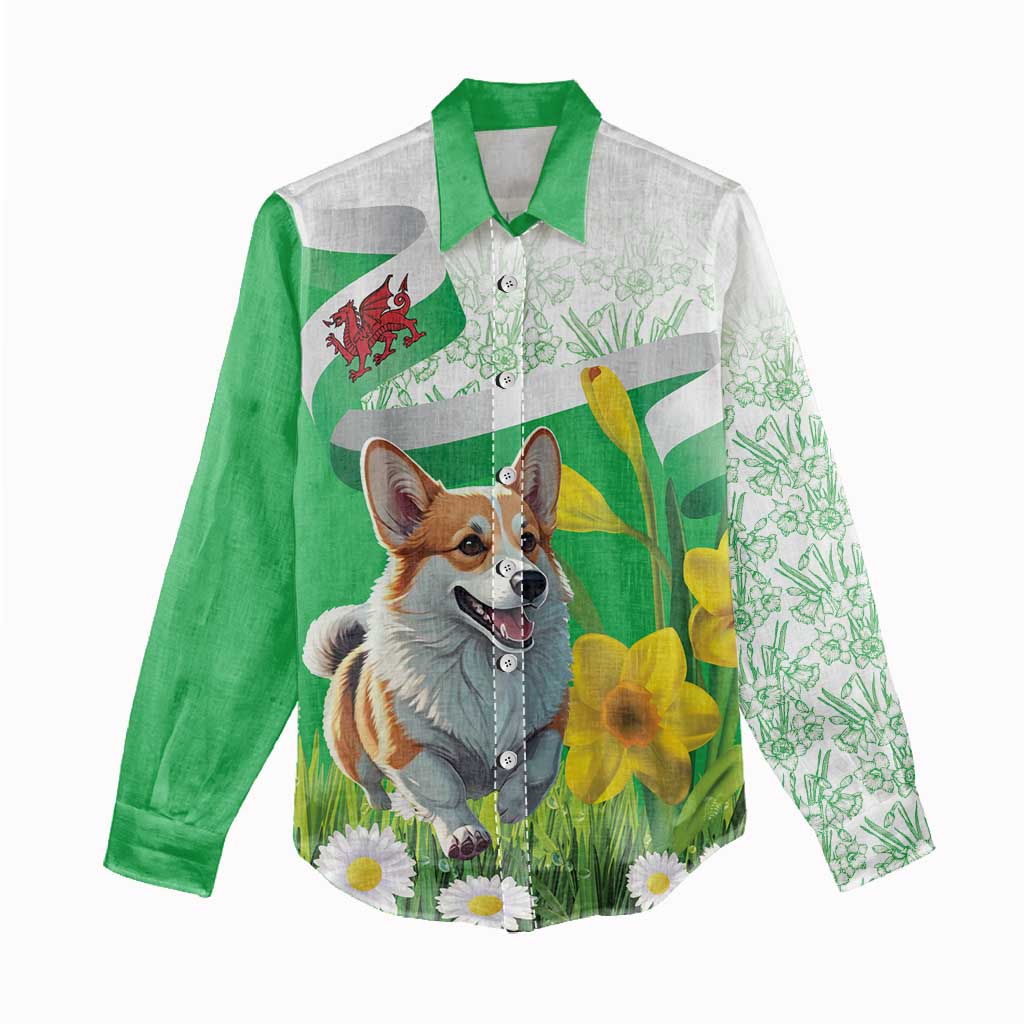 Wales Corgi Daffodil Women Casual Shirt Playful Welsh Dog - Wonder Print Shop