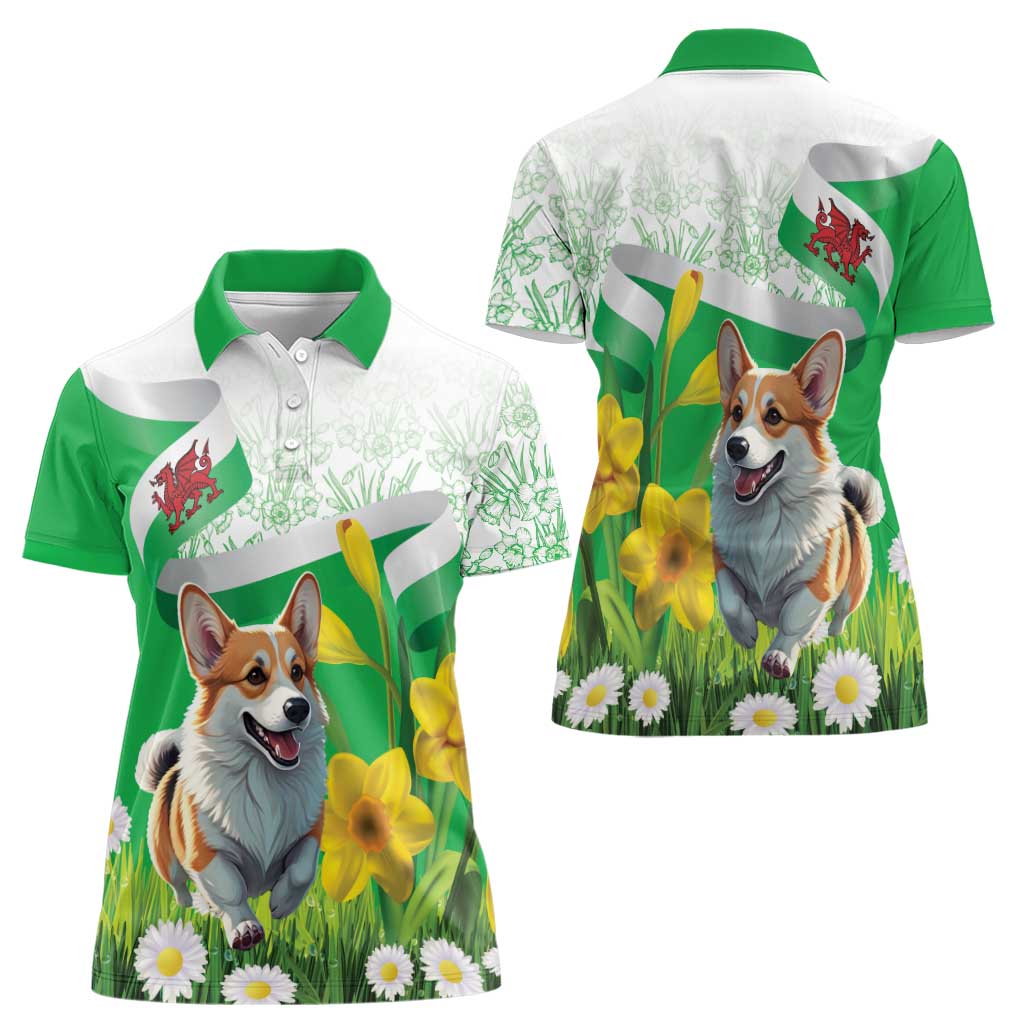 Wales Corgi Daffodil Women Polo Shirt Playful Welsh Dog - Wonder Print Shop
