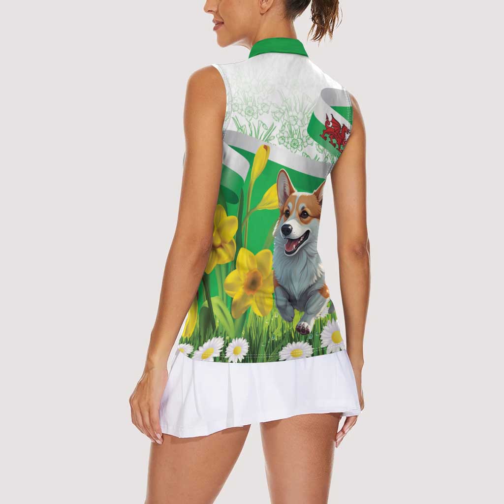 Wales Corgi Daffodil Women Sleeveless Polo Shirt Playful Welsh Dog - Wonder Print Shop