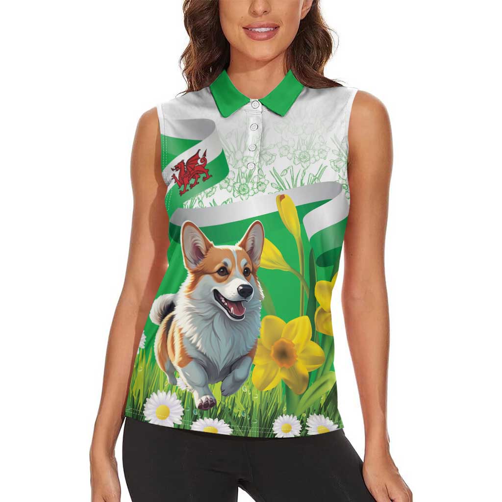 Wales Corgi Daffodil Women Sleeveless Polo Shirt Playful Welsh Dog - Wonder Print Shop