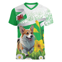 Wales Corgi Daffodil Women V-Neck T-Shirt Playful Welsh Dog - Wonder Print Shop