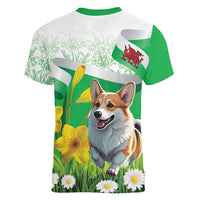Wales Corgi Daffodil Women V-Neck T-Shirt Playful Welsh Dog - Wonder Print Shop