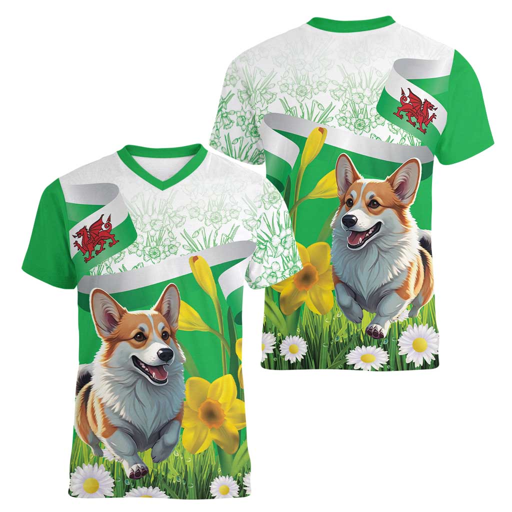 Wales Corgi Daffodil Women V-Neck T-Shirt Playful Welsh Dog - Wonder Print Shop