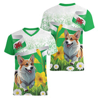 Wales Corgi Daffodil Women V-Neck T-Shirt Playful Welsh Dog - Wonder Print Shop