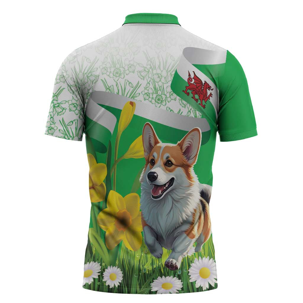 Wales Corgi Daffodil Zipper Polo Shirt Playful Welsh Dog - Wonder Print Shop