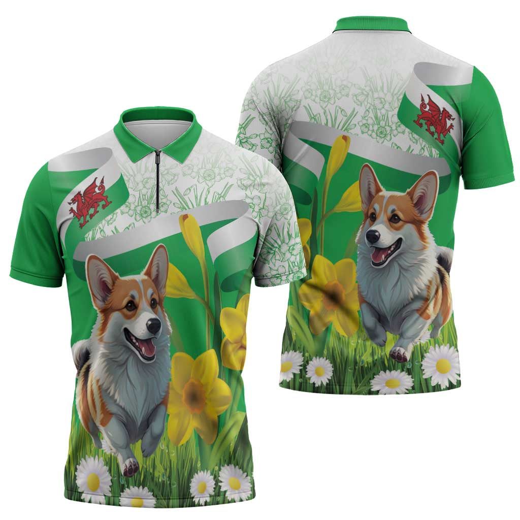 Wales Corgi Daffodil Zipper Polo Shirt Playful Welsh Dog - Wonder Print Shop