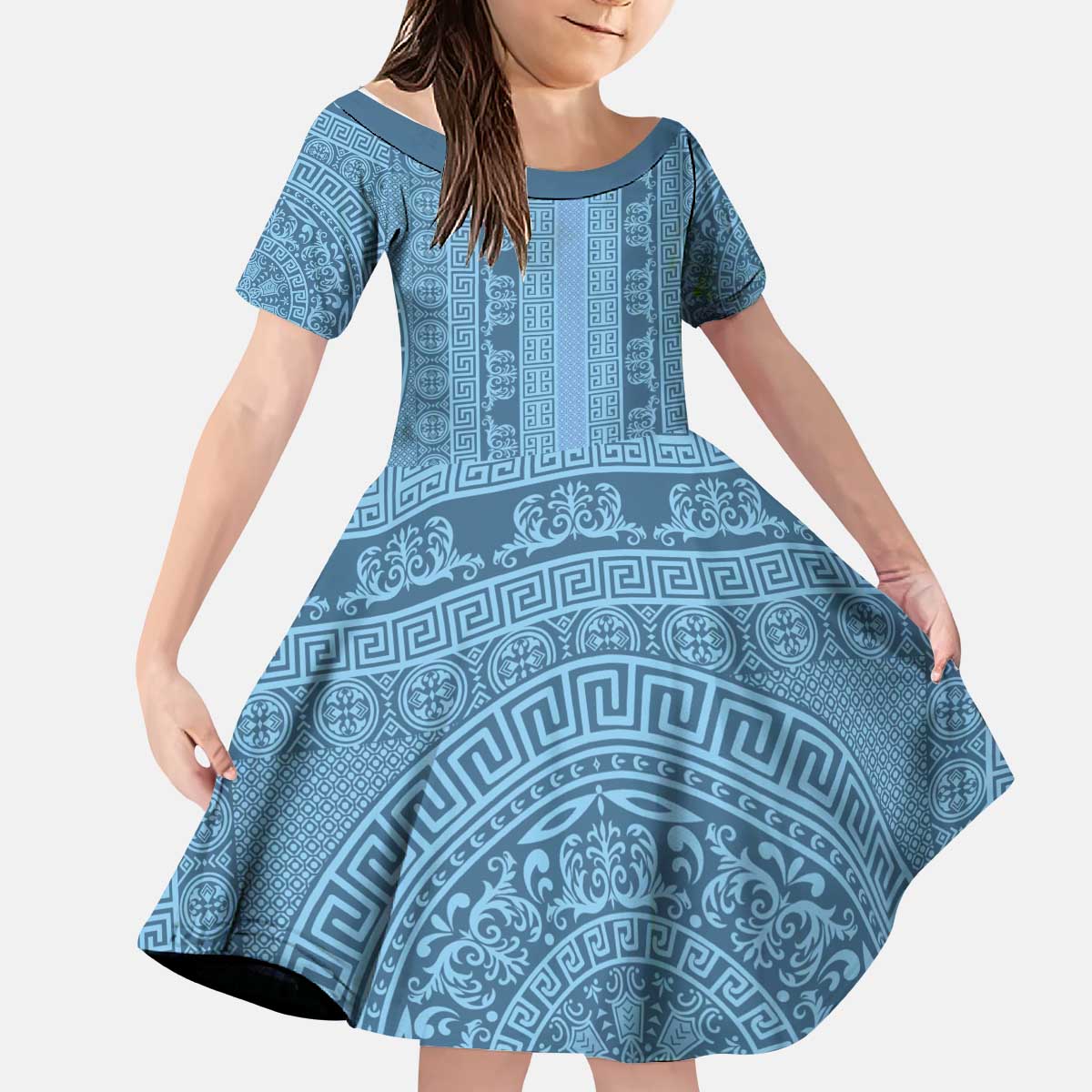 Greek Key Pattern Kid Short Sleeve Dress Ancient Meander Geometric Art