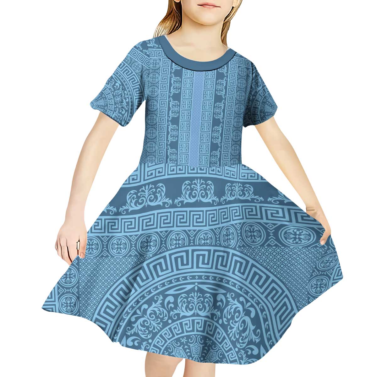 Greek Key Pattern Kid Short Sleeve Dress Ancient Meander Geometric Art