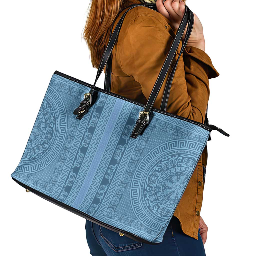 Greek Key Pattern Leather Tote Bag Ancient Meander Geometric Art