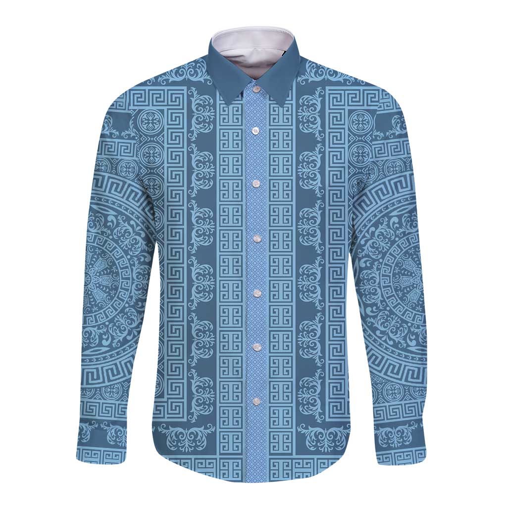 Greek Key Pattern Long Sleeve Button Shirt Ancient Meander Geometric Art