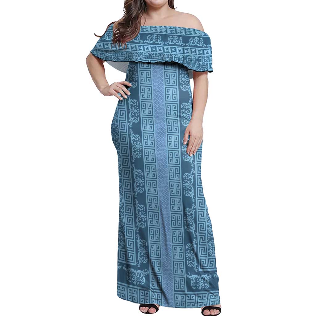 Greek Key Pattern Off Shoulder Maxi Dress Ancient Meander Geometric Art