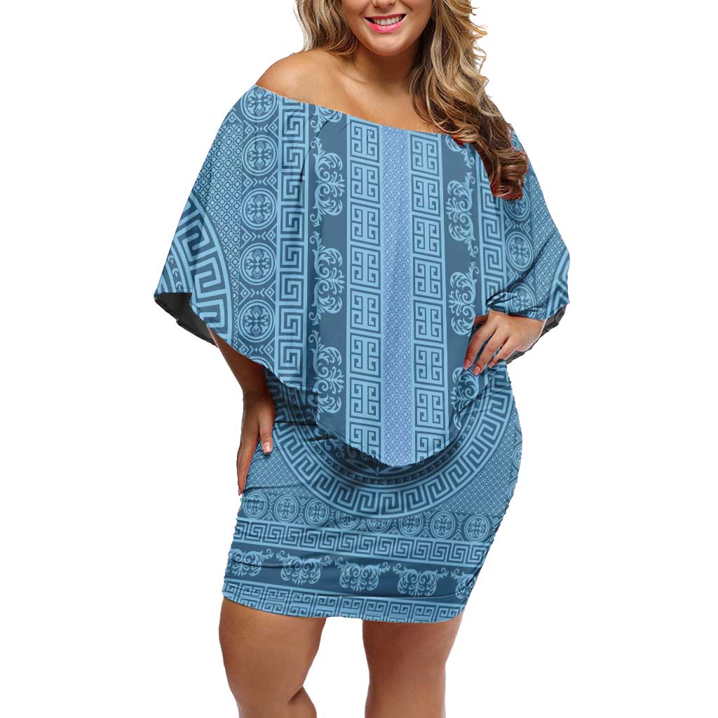 Greek Key Pattern Off Shoulder Short Dress Ancient Meander Geometric Art