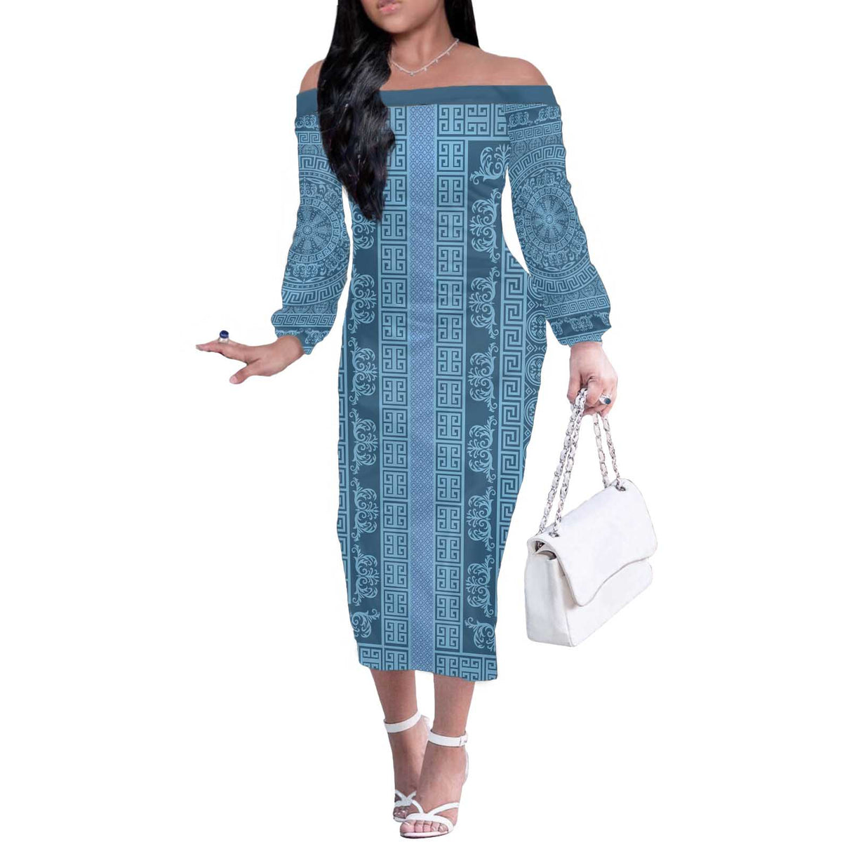 Greek Key Pattern Off The Shoulder Long Sleeve Dress Ancient Meander Geometric Art