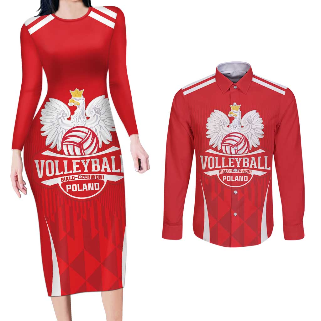 Custom Poland Volleyball Couples Matching Long Sleeve Bodycon Dress and Long Sleeve Button Shirt Bialo–Czerwoni Go Champions