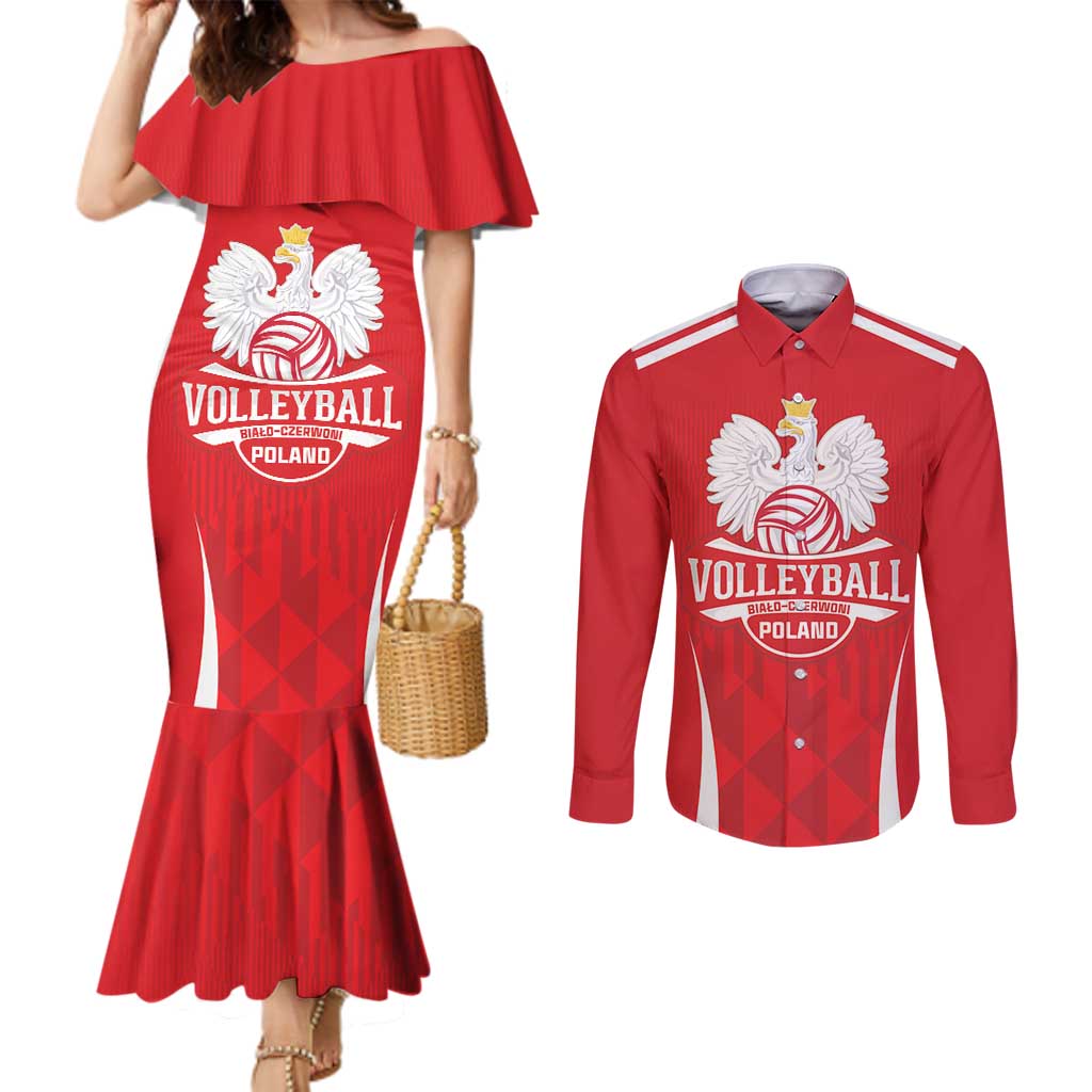 Custom Poland Volleyball Couples Matching Mermaid Dress and Long Sleeve Button Shirt Bialo–Czerwoni Go Champions