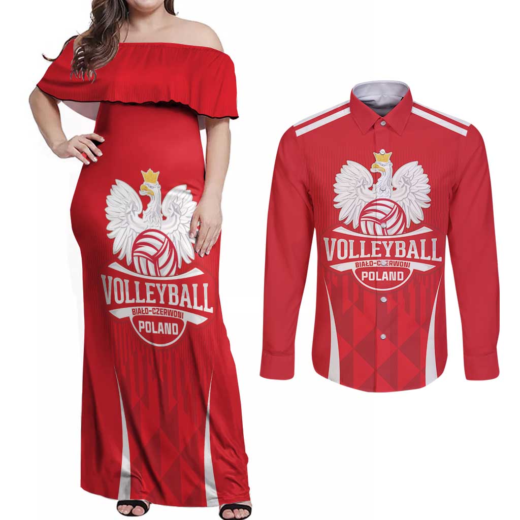 Custom Poland Volleyball Couples Matching Off Shoulder Maxi Dress and Long Sleeve Button Shirt Bialo–Czerwoni Go Champions