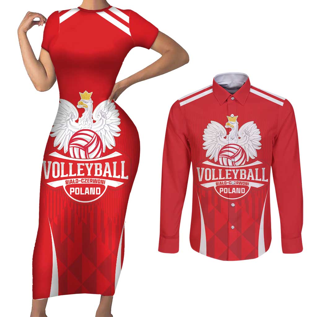 Custom Poland Volleyball Couples Matching Short Sleeve Bodycon Dress and Long Sleeve Button Shirt Bialo–Czerwoni Go Champions