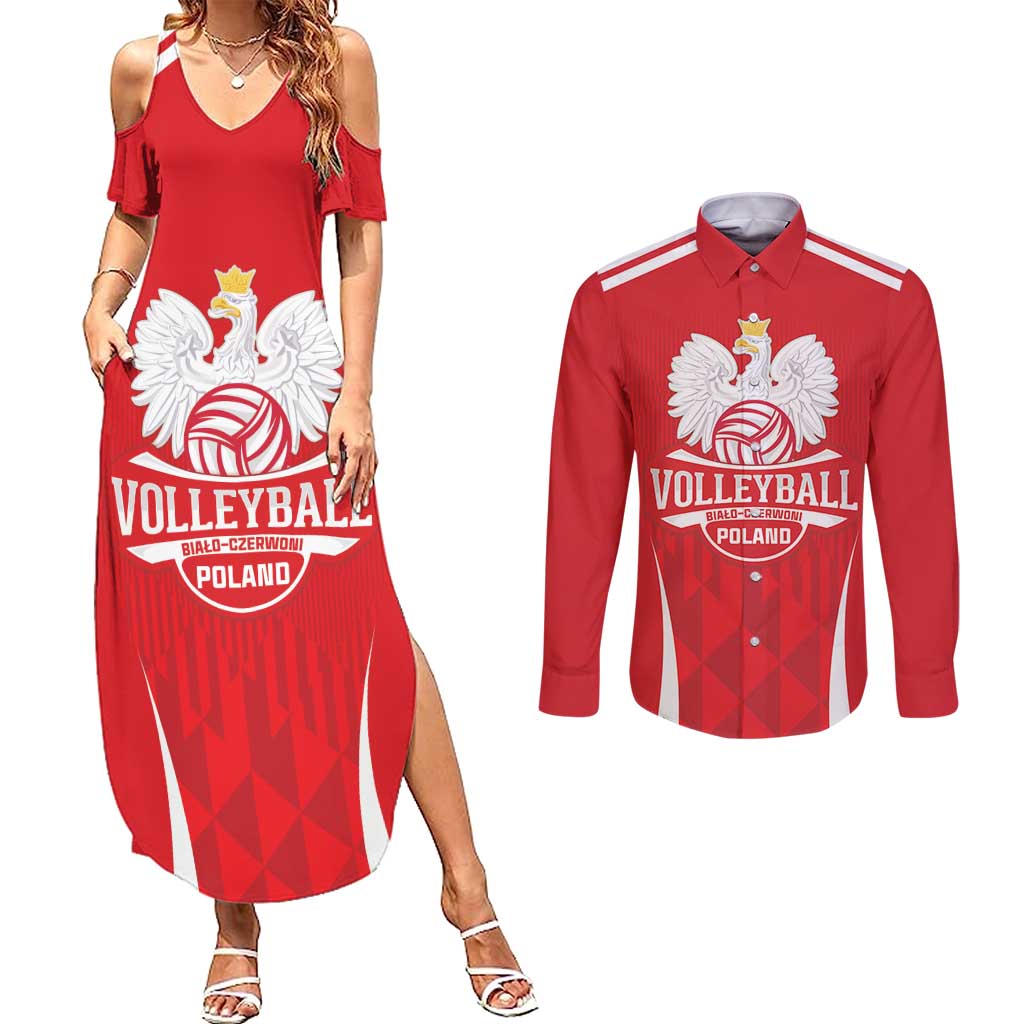 Custom Poland Volleyball Couples Matching Summer Maxi Dress and Long Sleeve Button Shirt Bialo–Czerwoni Go Champions